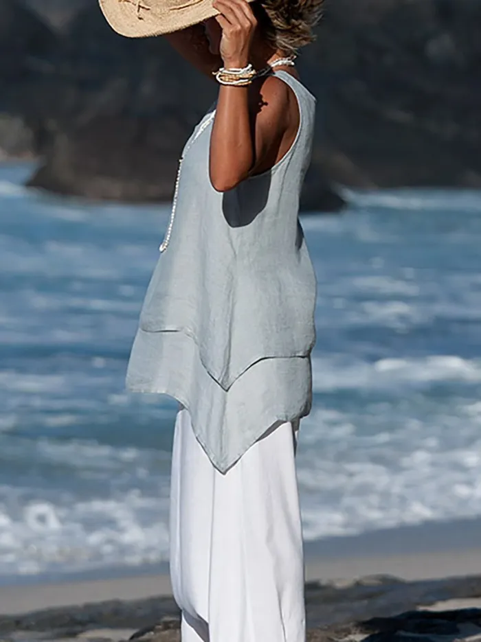 Women Casual Shirts V Neck Sleeveless Asymmetrical Tunics Blouses
