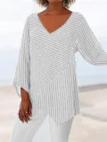Striped Long Sleeve V Neck Cotton-Blend Shirts & Tops
