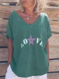 Casual V Neck Short Sleeve Letter Shirts