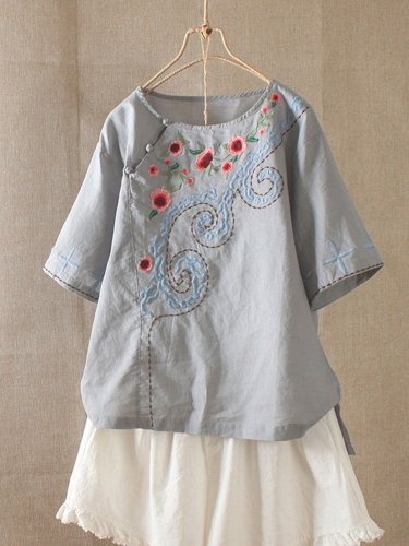 Round Neck Short Sleeve Embroidered Cotton-Blend Shirts & Tops