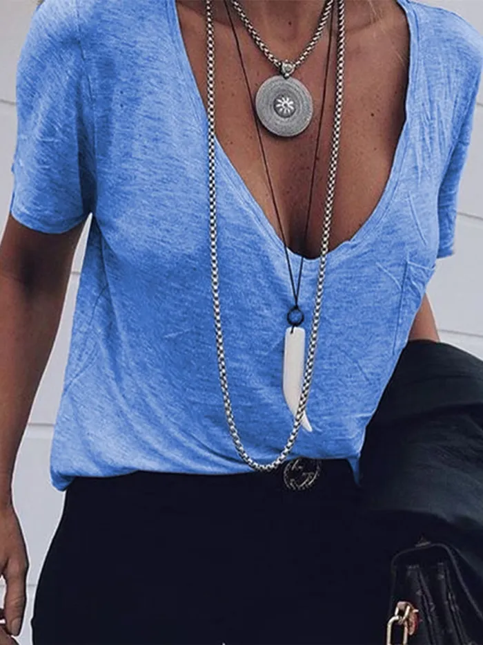Gray Pockets Cotton-Blend Casual V Neck Shirts & Tops