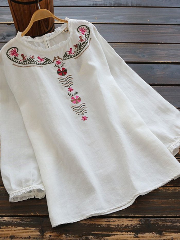 Women Casual Loose Embroidered Tops Tunic Blouse Shirt