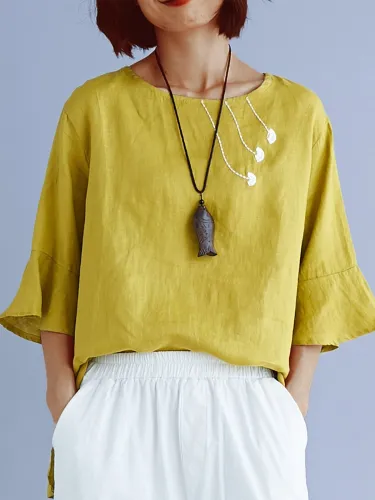 Plus Size Women Solid Embroidered Loose Round Neck Frill Sleeve Cotton And Linen Casual Tops