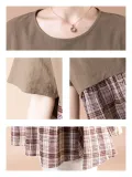 Short Sleeve  Cotton And Linen Stitching Plaid   Casual  T-shirt