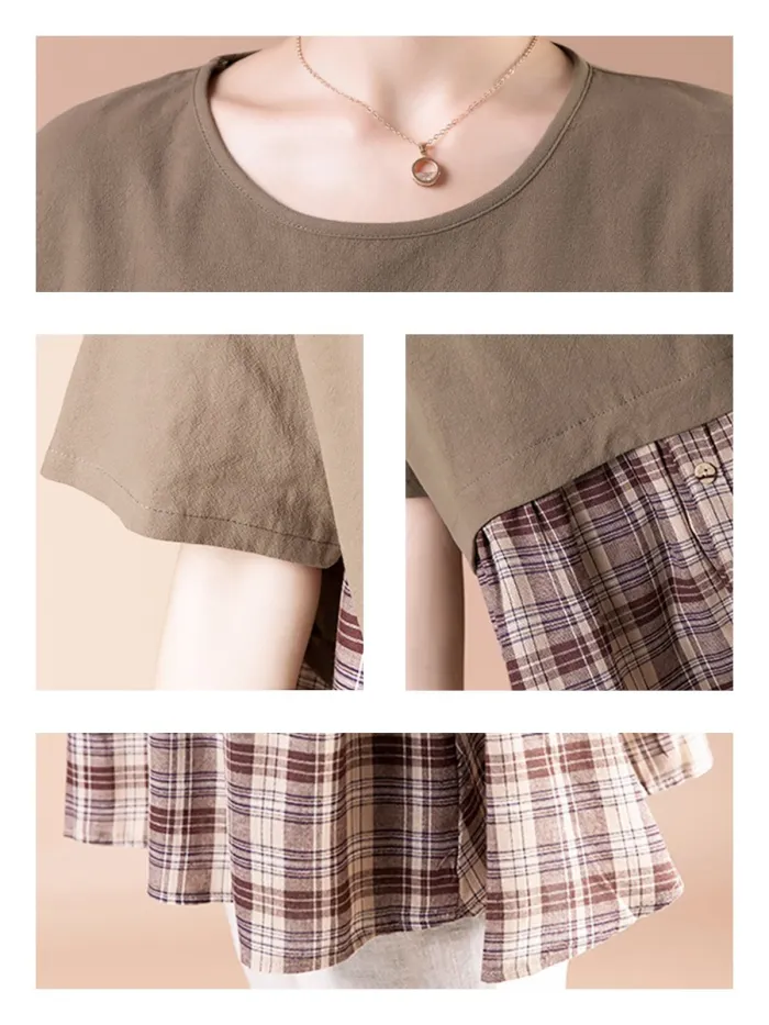 Short Sleeve  Cotton And Linen Stitching Plaid   Casual  T-shirt