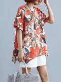 Plus Size Women Loose Cotton And Linen Round Neck Short Sleeve Abstract Pattern Irregular Casual Top