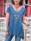 Cotton-Blend Short Sleeve Embroidered Shirts & Tops