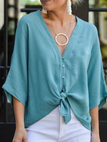Women Blouses Knot Front V-Neck 3/4 Sleeves Buttoned Tops