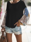 Color-block Balloon Sleeve Solid Crew Neck T-Shirt