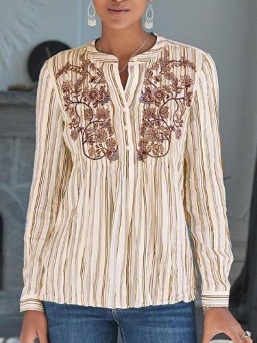 Striped Floral-print Long Sleeve Shirts & Tops