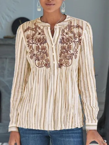 Striped Floral-print Long Sleeve Shirts & Tops