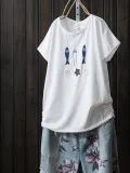 Cotton-Blend Short Sleeve Casual Printed Shirts & Tops