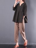 Casual Cotton 3/4 Sleeve Gingham Linen Blouse