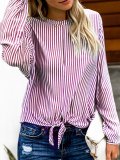 Blue Crew Neck Striped Casual Blouse