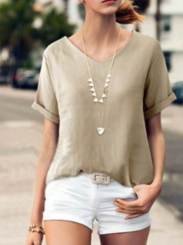 Solid Short Sleeve Casual V Neck Shirts & Tops