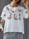 Plus Size Women  Embroidered Floral Short  Sleeve  Round  Neck Cotton And Linen Loose Casual Top