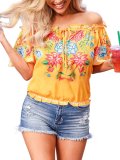 Short Sleeve Printed Off Shoulder Cotton-Blend Shirts & Tops
