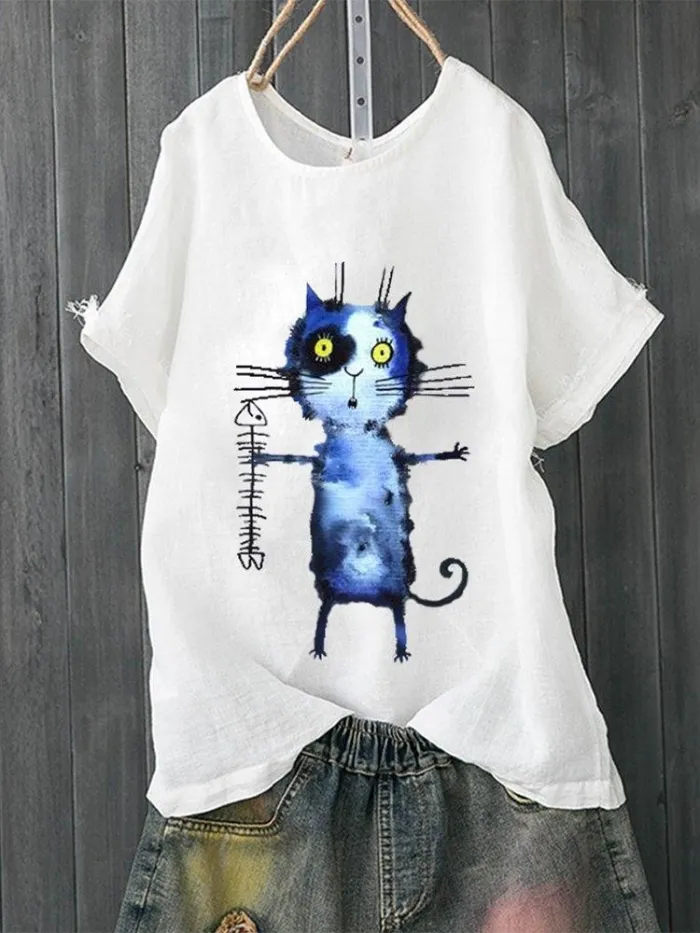 Short Sleeve Cotton-Blend Round Neck Sweet Shirts & Tops