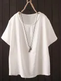 Short Sleeve Solid Round Neck Cotton-Blend Shirts & Tops