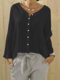 Plus Size Solid Long Sleeve Buttoned  V Neck Shirts & Tops