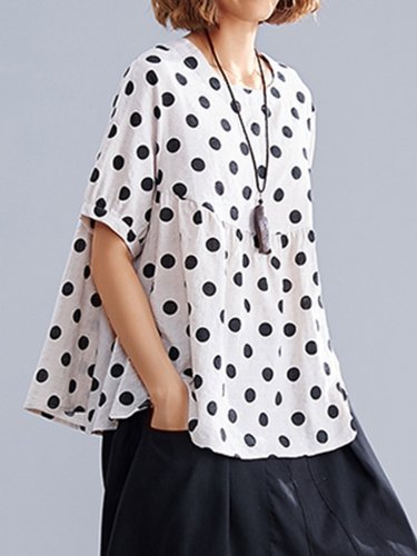 Plus Size Women Short Sleeve Round Neck Polka Dots Casual Tops
