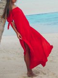 Off Shoulder Solid Boho Slit Short Sleeve Maxi Dress