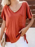 V-neck Solid Pocket T Shirts