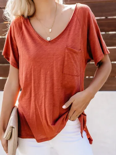 V-neck Solid Pocket T Shirts