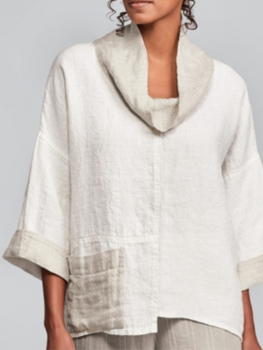 White 3/4 Sleeve Plain Shift Linen Shirts & Tops