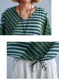 Vintage Striped Floral Loose Short Sleeve V Neck Casual Tops