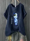 Short Sleeve Cotton-Blend Round Neck Sweet Shirts & Tops