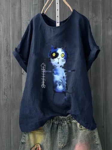Short Sleeve Cotton-Blend Round Neck Sweet Shirts & Tops