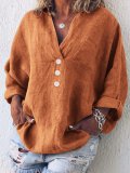 Cotton Linen Casual Buttoned Pockets Solid Long Sleeve Shirts & Blouses