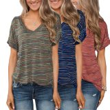 Plus Size Casual Striped V Neck Short Sleeve Tops