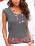 Gray Sleeveless Cotton V Neck Shirts & Tops