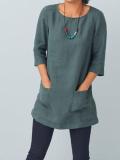 Pockets 3/4 Sleeve Solid Shirts & Tops