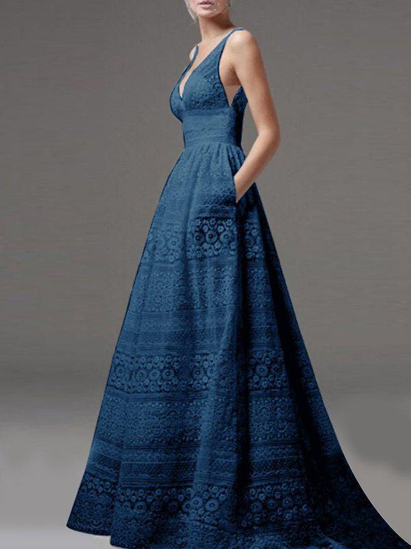 Deep V-Neck Hollow Out Plain Lace Wedding Evening Dress