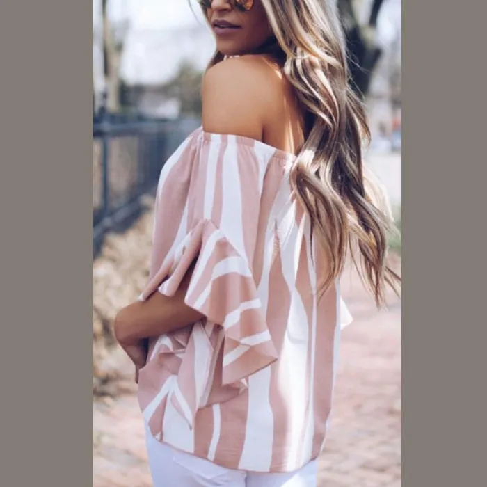 Off Shoulder Striped Batwing Sleeve Blouses