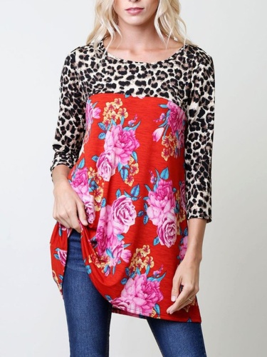Leopard-Print Cotton-Blend Floral Long Sleeve T-Shirts
