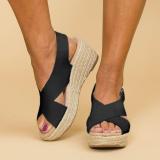 Women Peep Toe Magic Tape Wedges Crossed Sandals