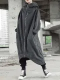 Hooded Long Sleeve Zip Irregular Long Coat