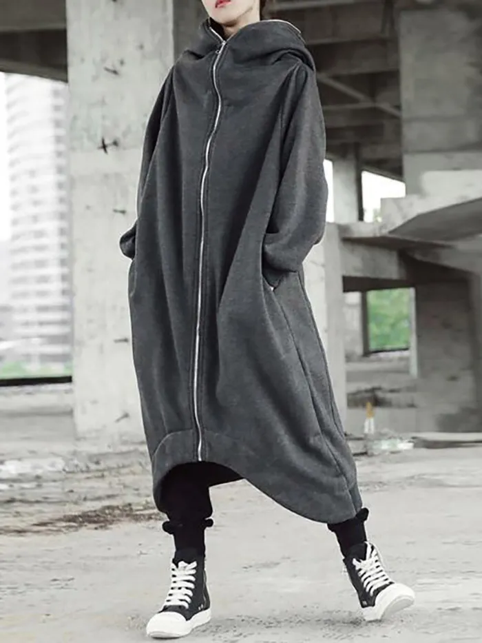 Hooded Long Sleeve Zip Irregular Long Coat