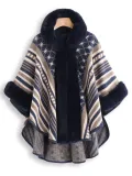Elegant Faux Fur Oversized Stripe Poncho Coat