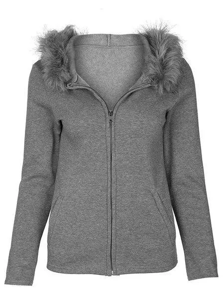 Solid Long Sleeve Faux Fur Hoodie Pockets Casual Coats