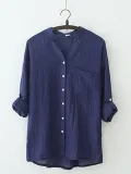 Buttoned Long Sleeve Stand Collar Casual Linen Blouse