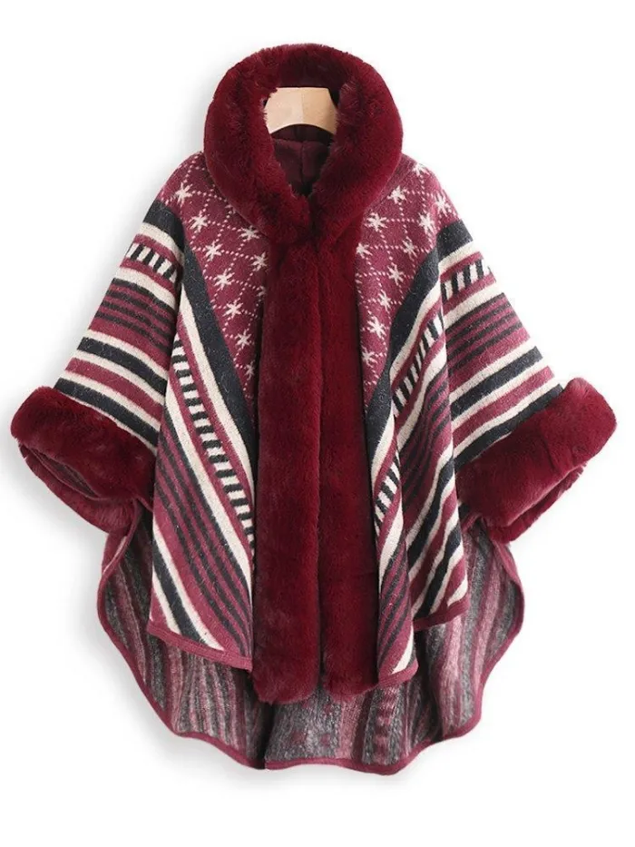 Elegant Faux Fur Oversized Stripe Poncho Coat
