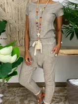 Casual Short Sleeve Solid Round Neck Jumpsuits