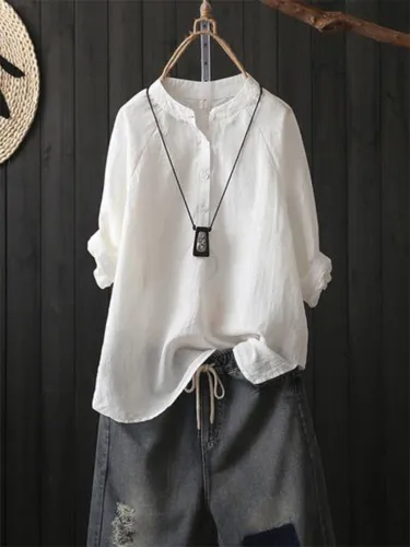 Solid Casual Shirt Collar Vintage Long Sleeve Shirts