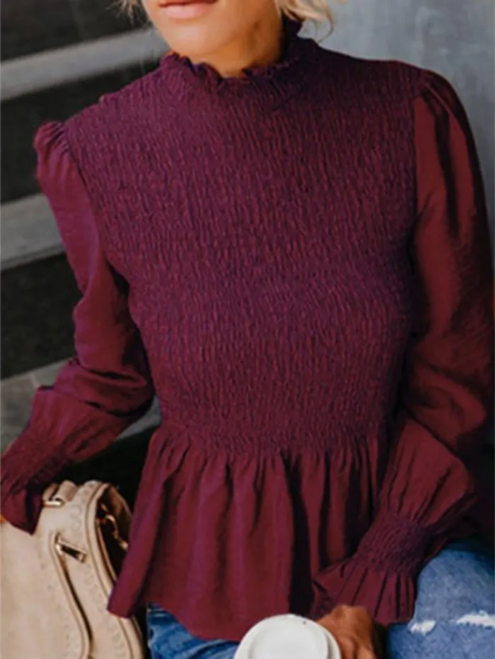 Women's Fashion Solid Chiffon Turtle Neck Solid Shirred Long Sleeve Blouses