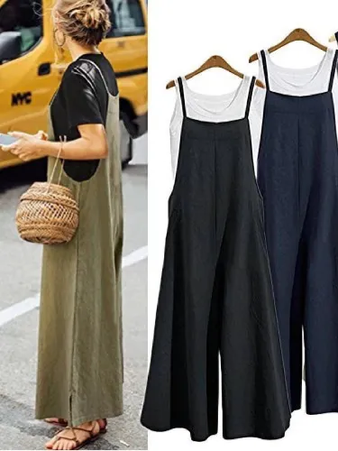 Pockets Linen Casual Loose Solid Plus Size Jumpsuits